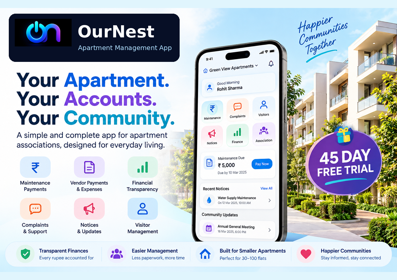 OurNest promotional overview featuring apartment-management features